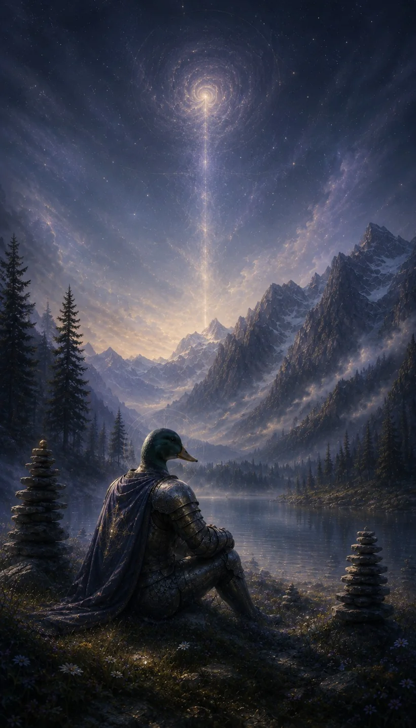An armoured, duck-headed knight beside a mountain lake, beneath a swirling night sky.